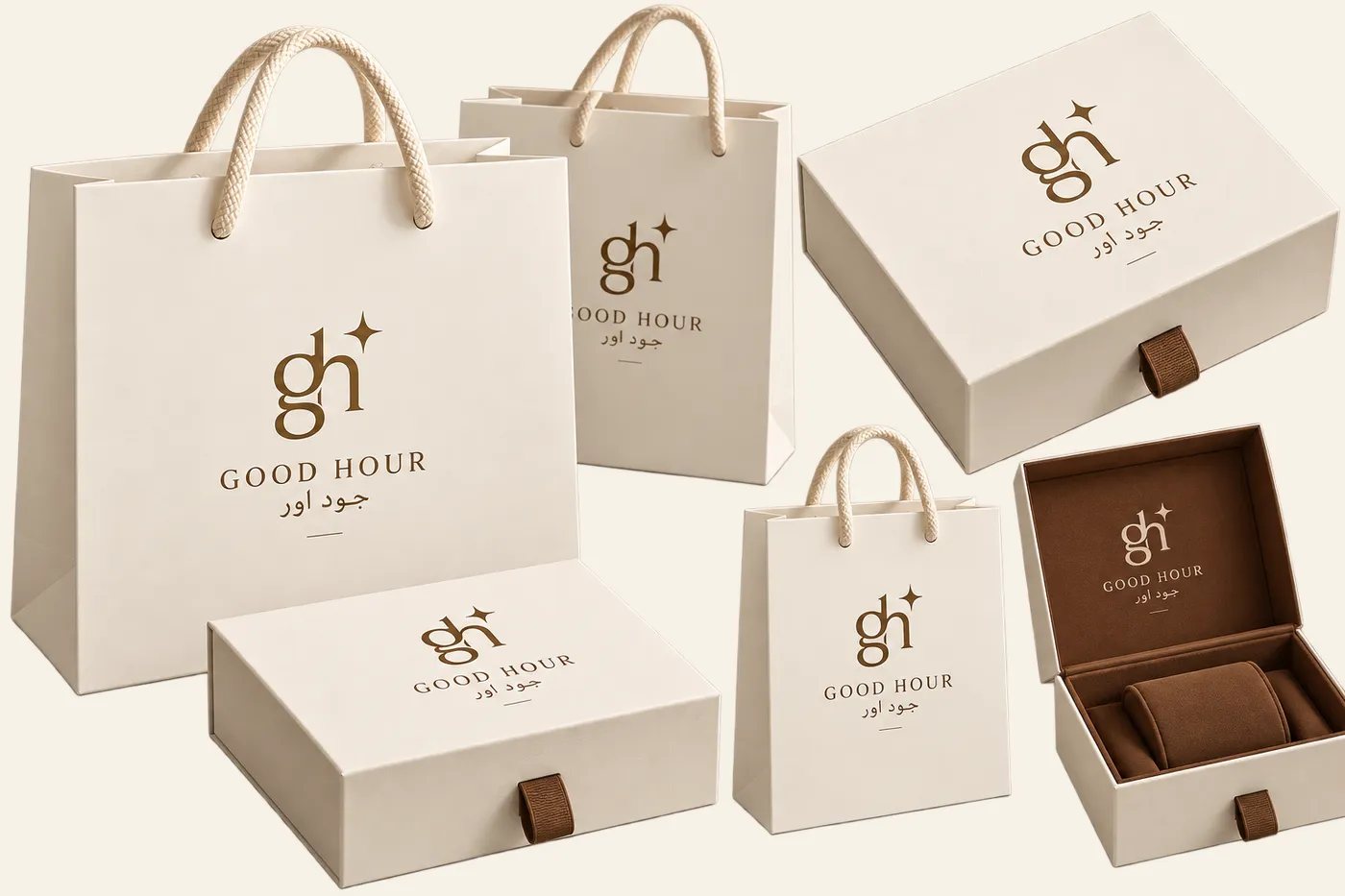 Good Hour gift boxes and bags
