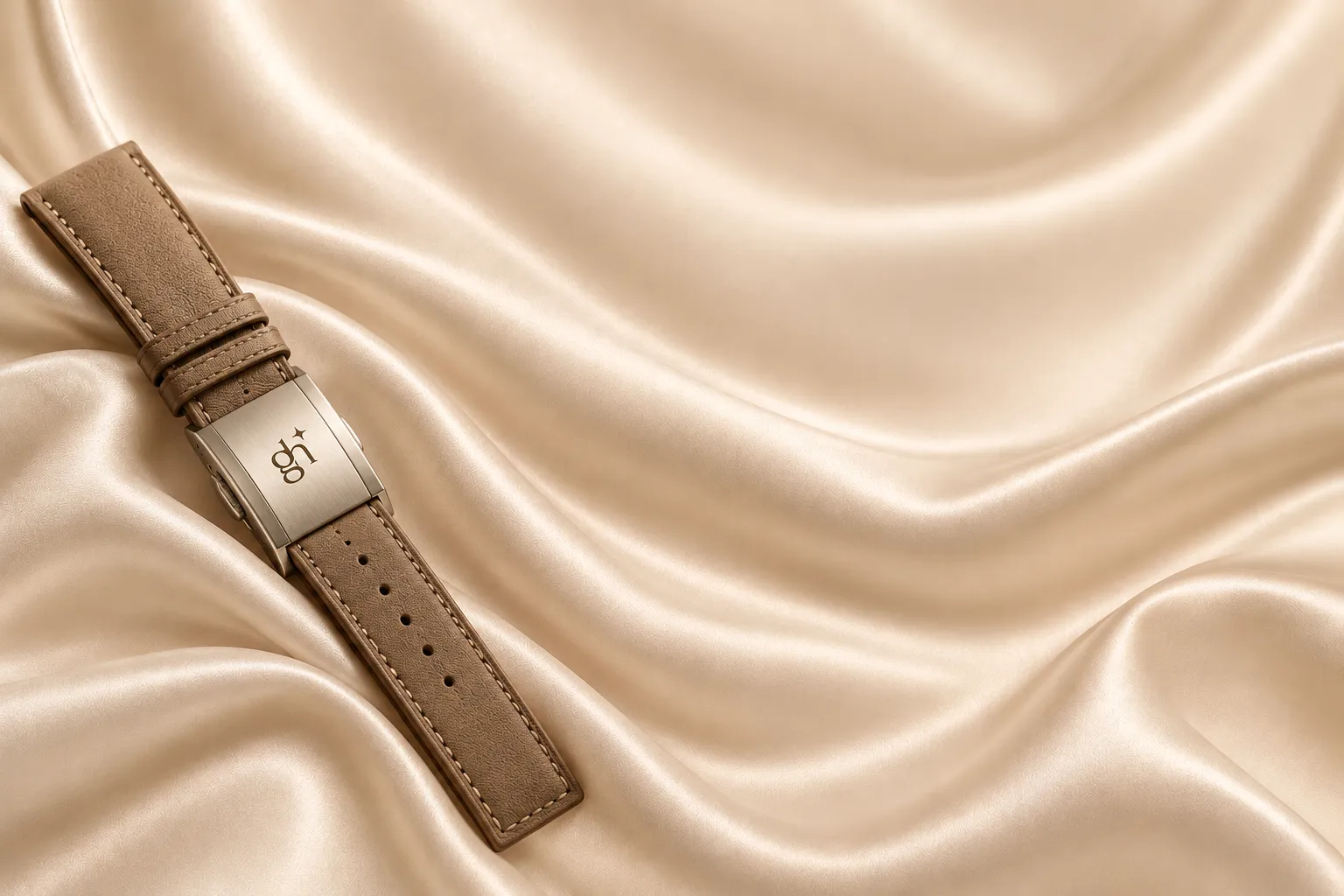Good Hour leather strap with engraved clasp on satin